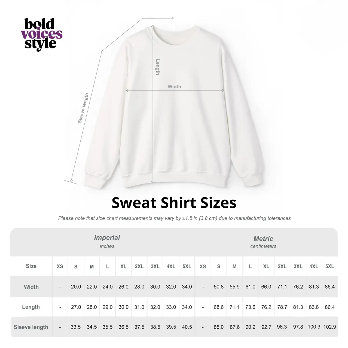 Size Chart Sweats hirt