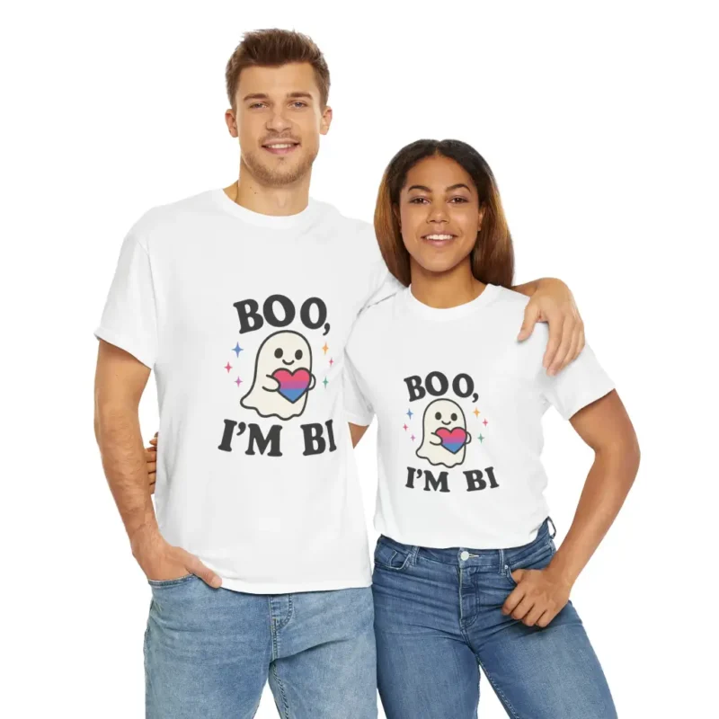 Boo I’m Bi T-Shirt – Cute Ghost LGBTQ+ Pride Halloween Graphic Tee