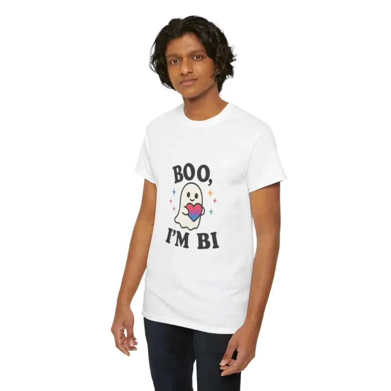 Boo I’m Bi T-Shirt – Cute Ghost LGBTQ+ Pride Halloween Graphic Tee