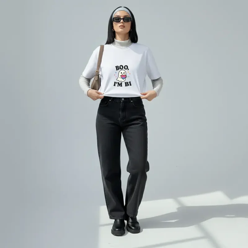 Boo I’m Bi T-Shirt – Cute Ghost LGBTQ+ Pride Halloween Graphic Tee