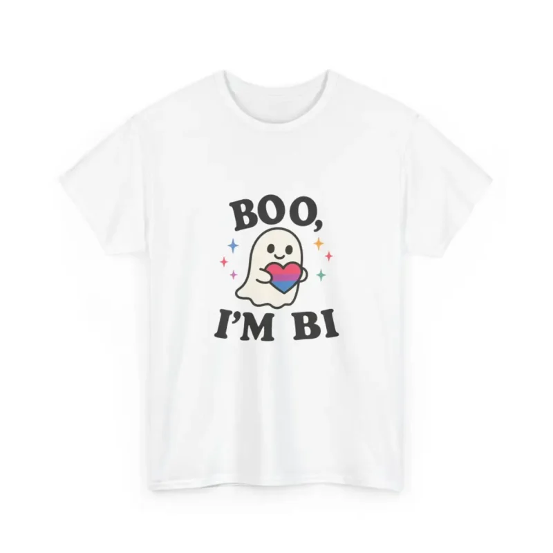 Boo I’m Bi T-Shirt – Cute Ghost LGBTQ+ Pride Halloween Graphic Tee