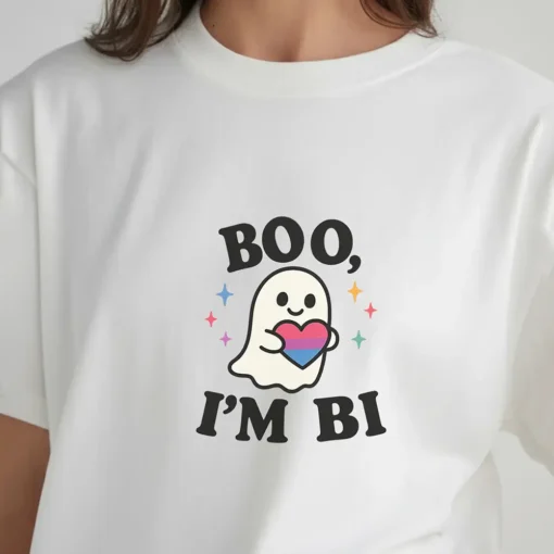 Boo I’m Bi T-Shirt – Cute Ghost LGBTQ+ Pride Halloween Graphic Tee