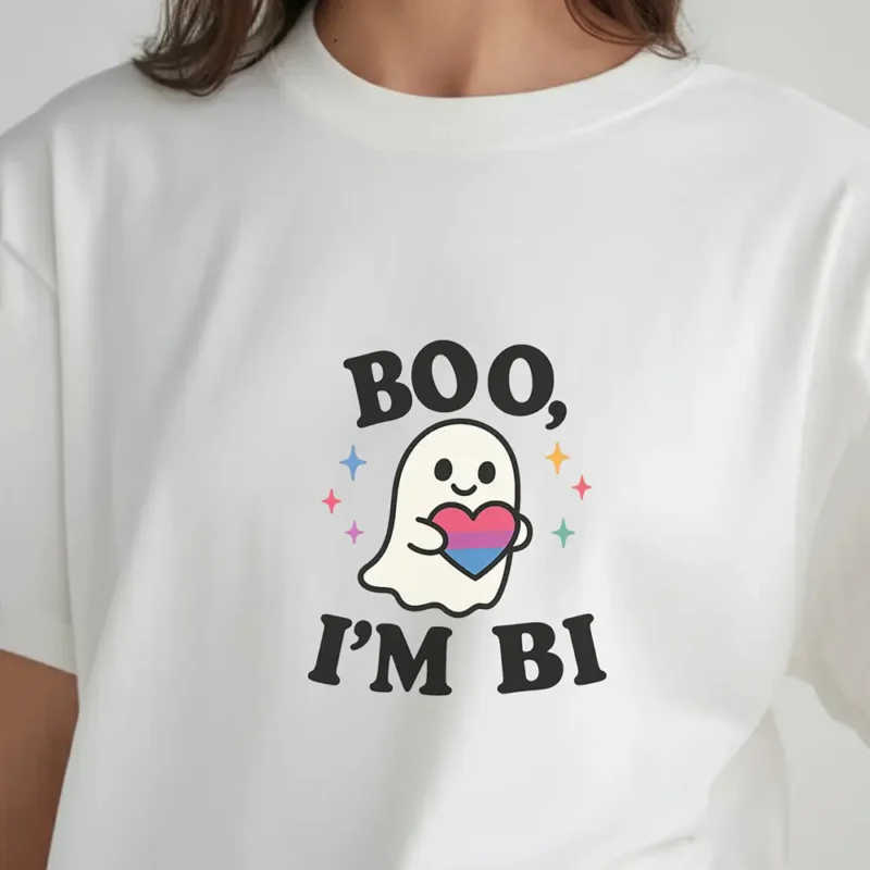 Boo I’m Bi T-Shirt – Cute Ghost LGBTQ+ Pride Halloween Graphic Tee