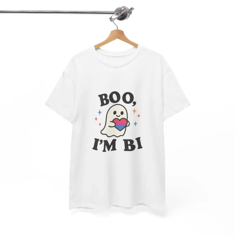 Boo I’m Bi T-Shirt – Cute Ghost LGBTQ+ Pride Halloween Graphic Tee