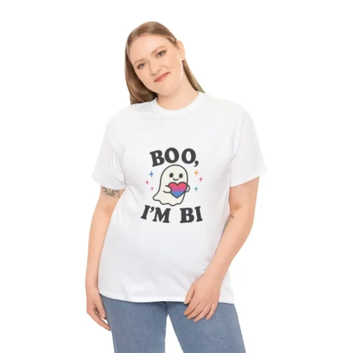 Boo I’m Bi T-Shirt – Cute Ghost LGBTQ+ Pride Halloween Graphic Tee