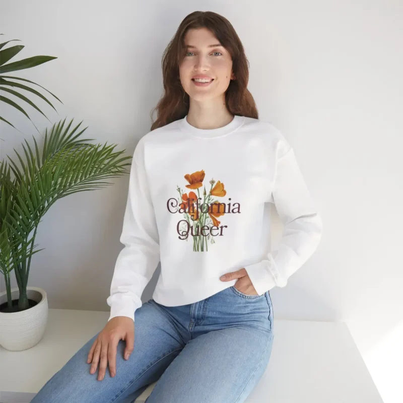 California Queer Sweatshirt – LGBTQ+ Pride Crewneck with California Poppy – Queer Rights Apparel