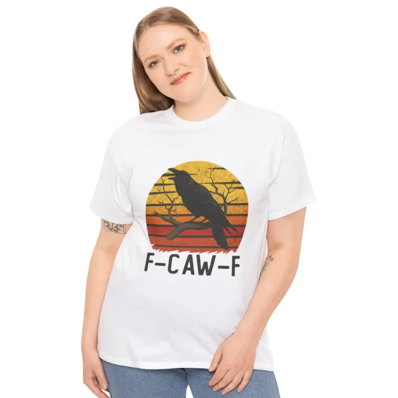 F-Caw-F Raven T-Shirt – Funny Political Crow Graphic Tee with Retro Sunset Print