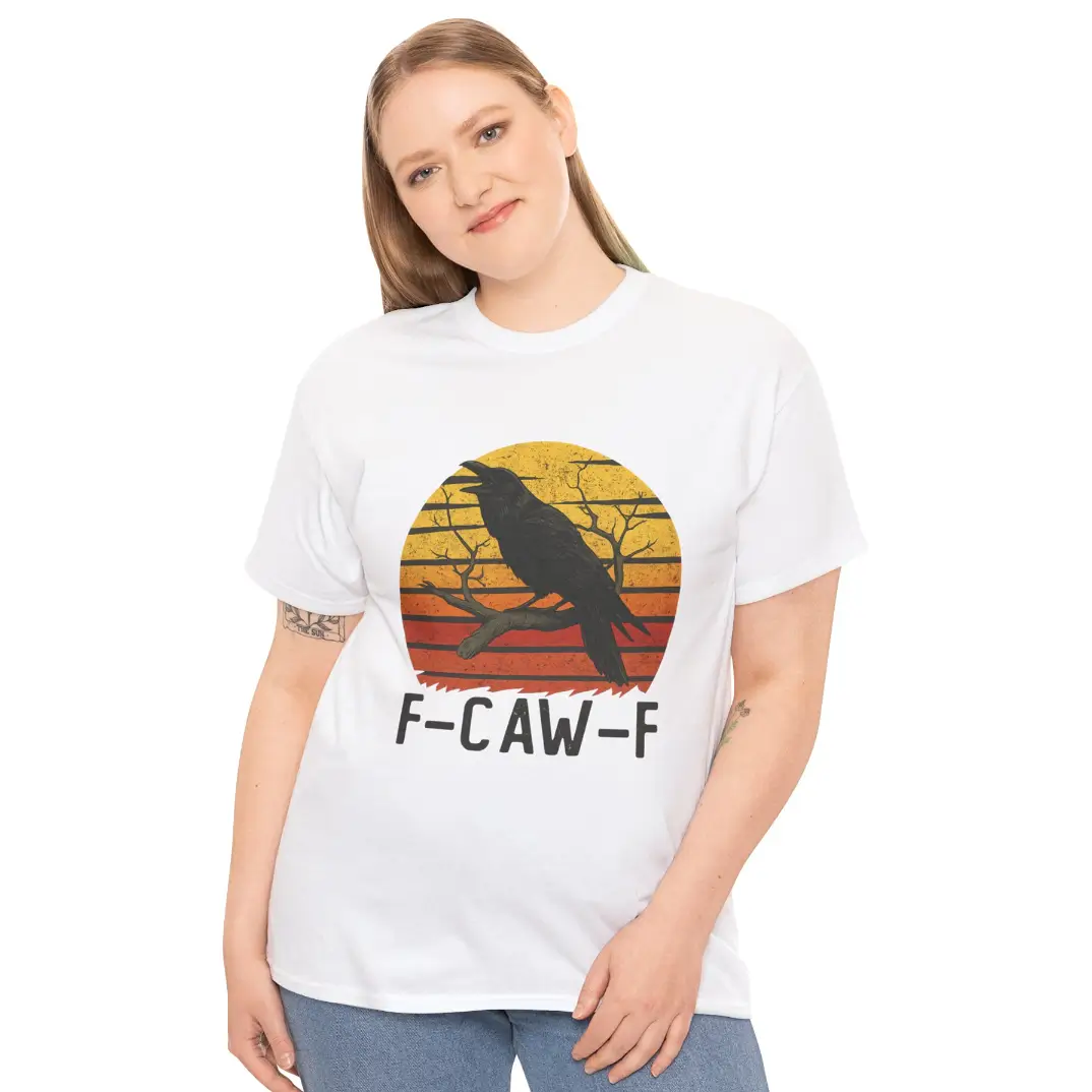 F-Caw-F Raven T-Shirt – Funny Political Crow Graphic Tee with Retro Sunset Print