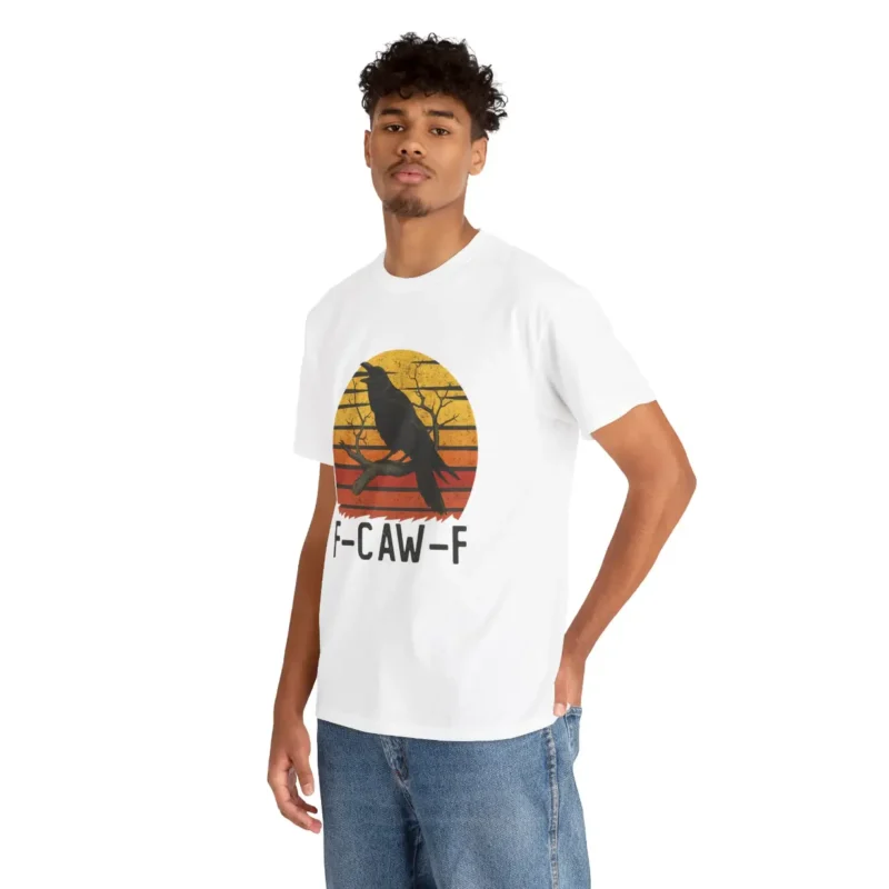 F-Caw-F Raven T-Shirt – Funny Political Crow Graphic Tee with Retro Sunset Print