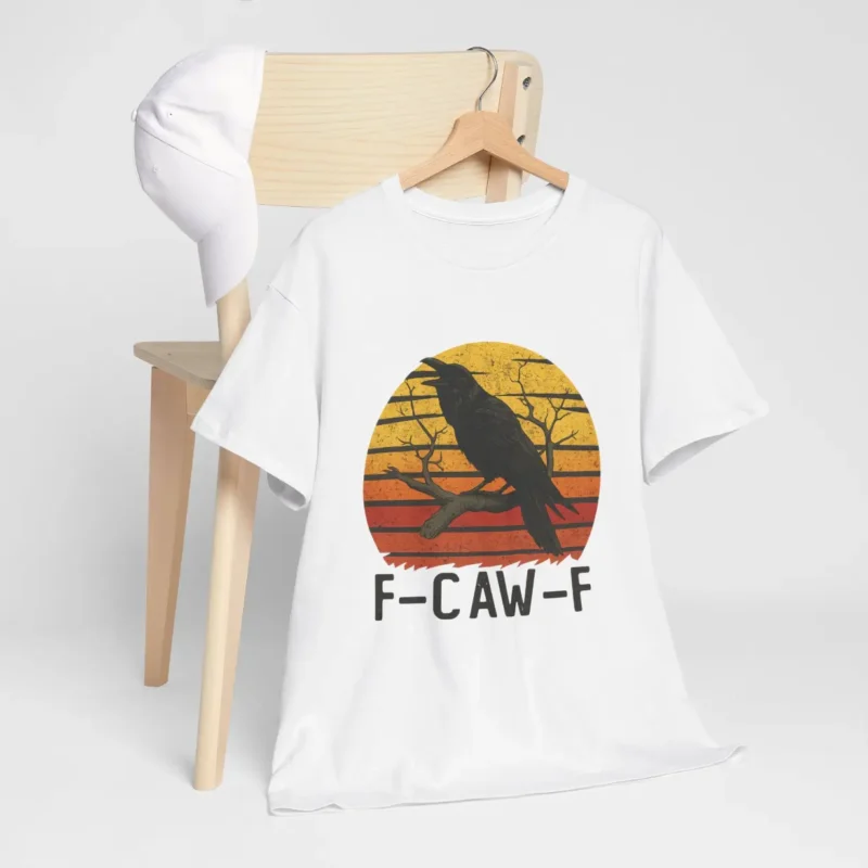 F-Caw-F Raven T-Shirt – Funny Political Crow Graphic Tee with Retro Sunset Print