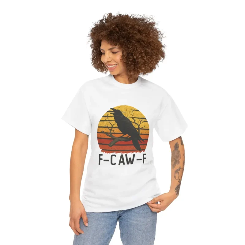 F-Caw-F Raven T-Shirt – Funny Political Crow Graphic Tee with Retro Sunset Print