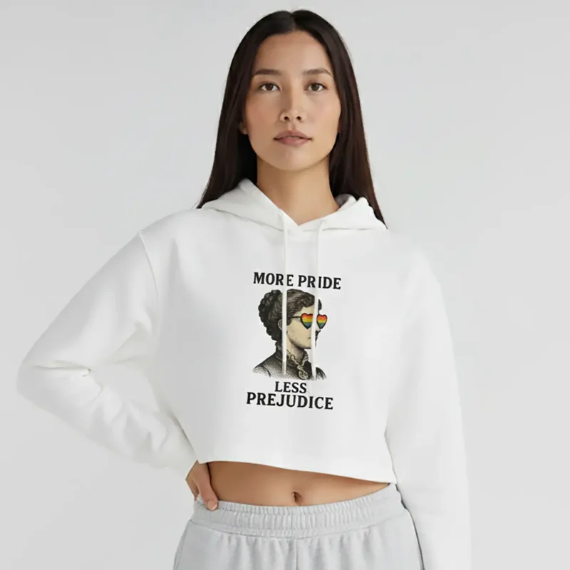 More Pride Less Prejudice Crop Hoodie – Retro LGBTQ+ Pride Feminist Top