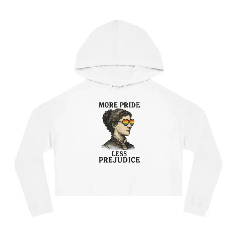 More Pride Less Prejudice Crop Hoodie – Retro LGBTQ+ Pride Feminist Top